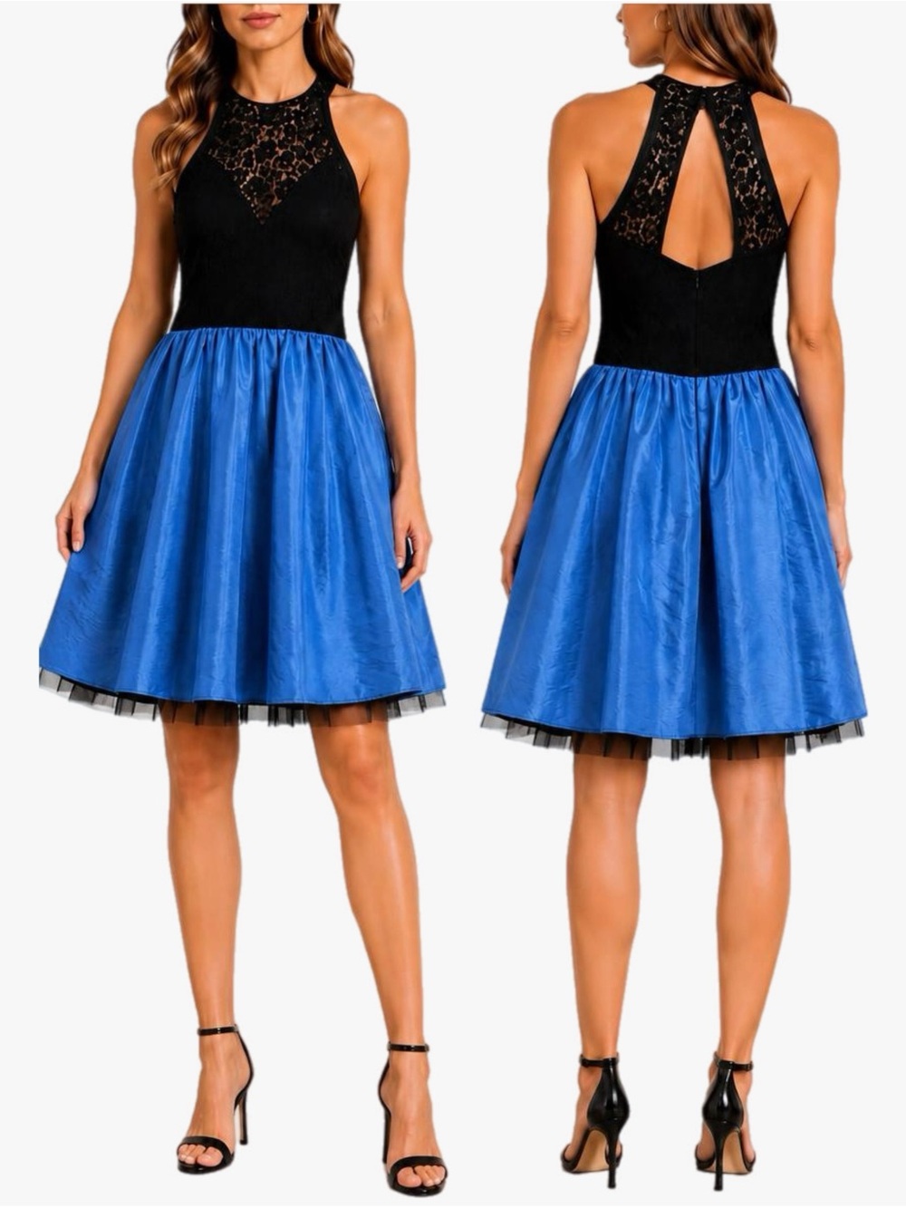 NWT Laundry by Design Size 10 Blue Black Lace Halter Fit & Flare Party Dress